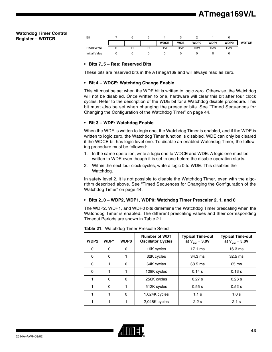 Watchdog timer control register – wdtcr, Atmega169v/l | Rainbow Electronics Atmega169L User Manual | Page 43 / 317