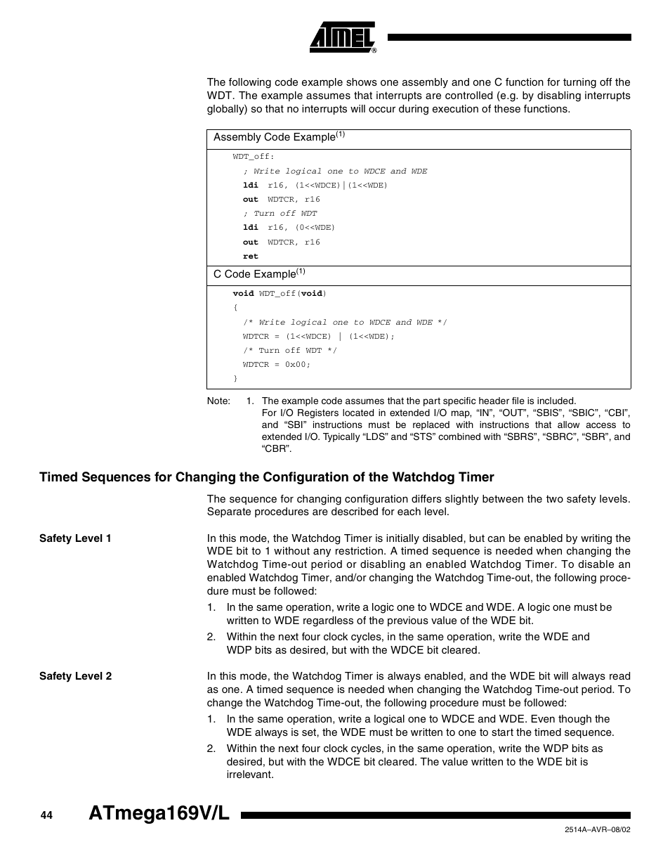 Safety level 1, Safety level 2, Atmega169v/l | Rainbow Electronics Atmega169L User Manual | Page 44 / 317
