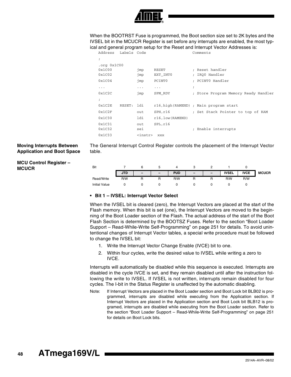 Mcu control register – mcucr, Atmega169v/l | Rainbow Electronics Atmega169L User Manual | Page 48 / 317