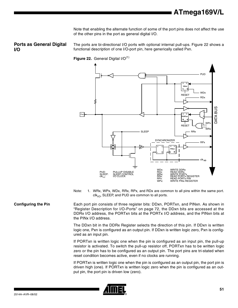 Ports as general digital i/o, Configuring the pin, Atmega169v/l | Data b u s | Rainbow Electronics Atmega169L User Manual | Page 51 / 317