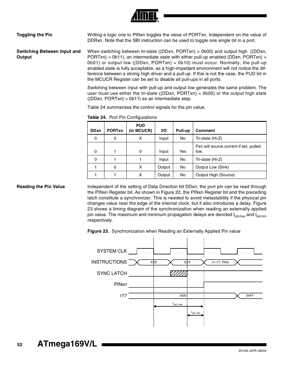 Toggling the pin, Switching between input and output, Reading the pin value | Atmega169v/l | Rainbow Electronics Atmega169L User Manual | Page 52 / 317