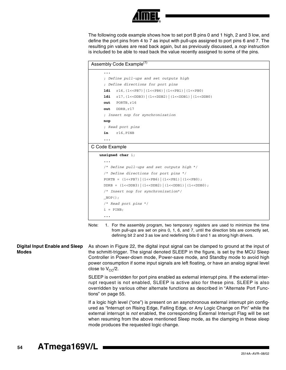 Digital input enable and sleep modes, Atmega169v/l | Rainbow Electronics Atmega169L User Manual | Page 54 / 317