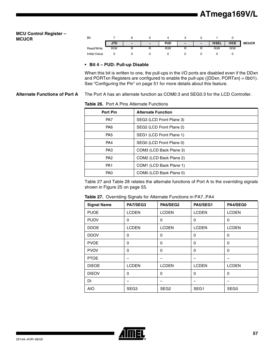 Mcu control register – mcucr, Alternate functions of port a, Atmega169v/l | Rainbow Electronics Atmega169L User Manual | Page 57 / 317