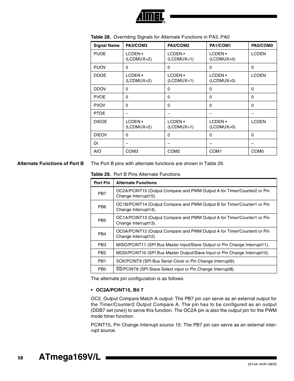 Alternate functions of port b, Atmega169v/l | Rainbow Electronics Atmega169L User Manual | Page 58 / 317