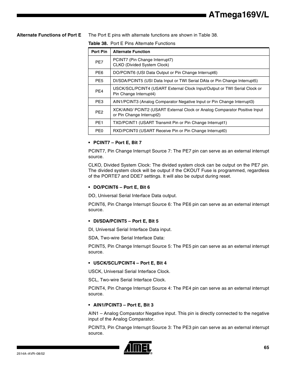 Alternate functions of port e, Atmega169v/l | Rainbow Electronics Atmega169L User Manual | Page 65 / 317