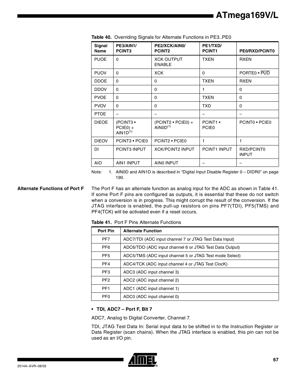 Alternate functions of port f, Atmega169v/l | Rainbow Electronics Atmega169L User Manual | Page 67 / 317