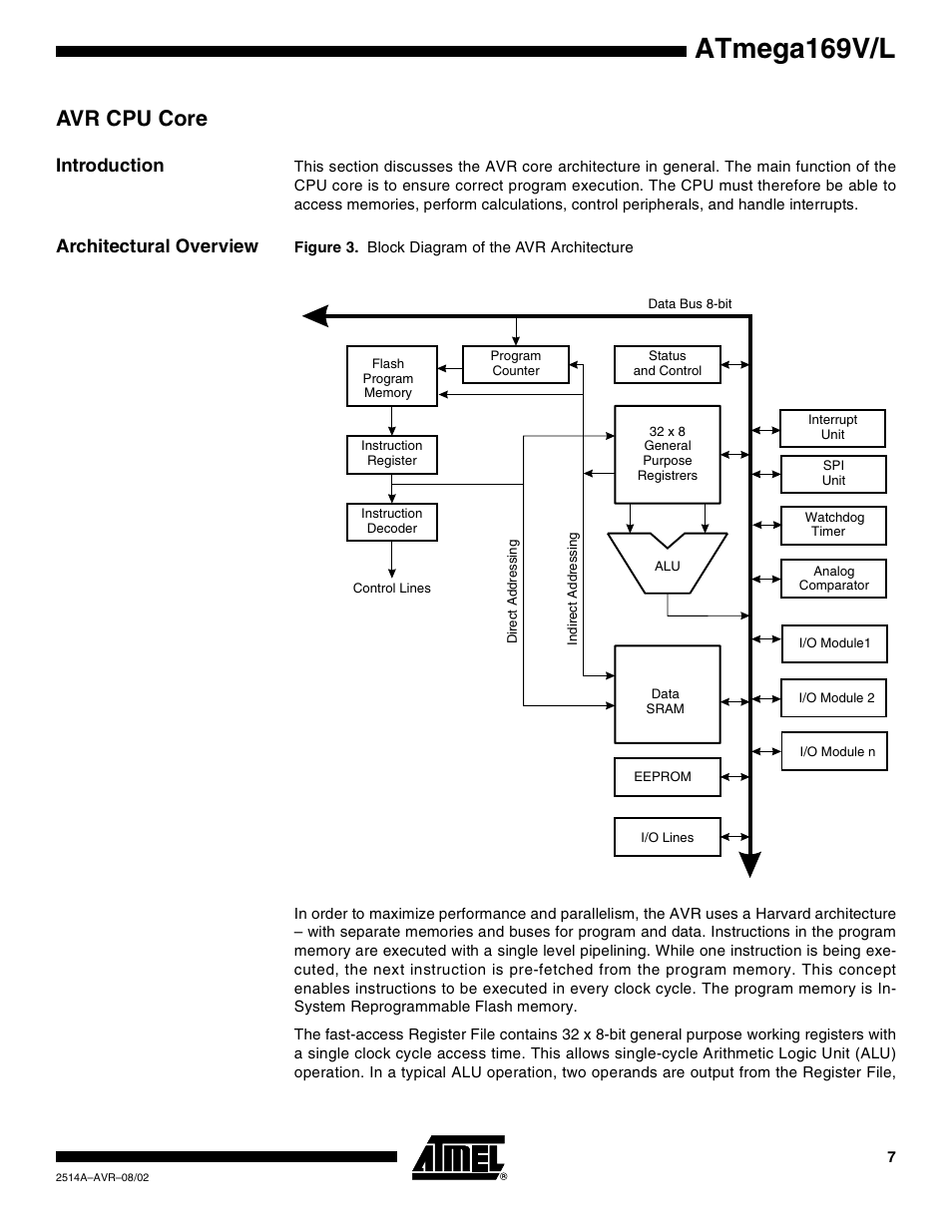 Avr cpu core, Introduction, Architectural overview | Atmega169v/l | Rainbow Electronics Atmega169L User Manual | Page 7 / 317