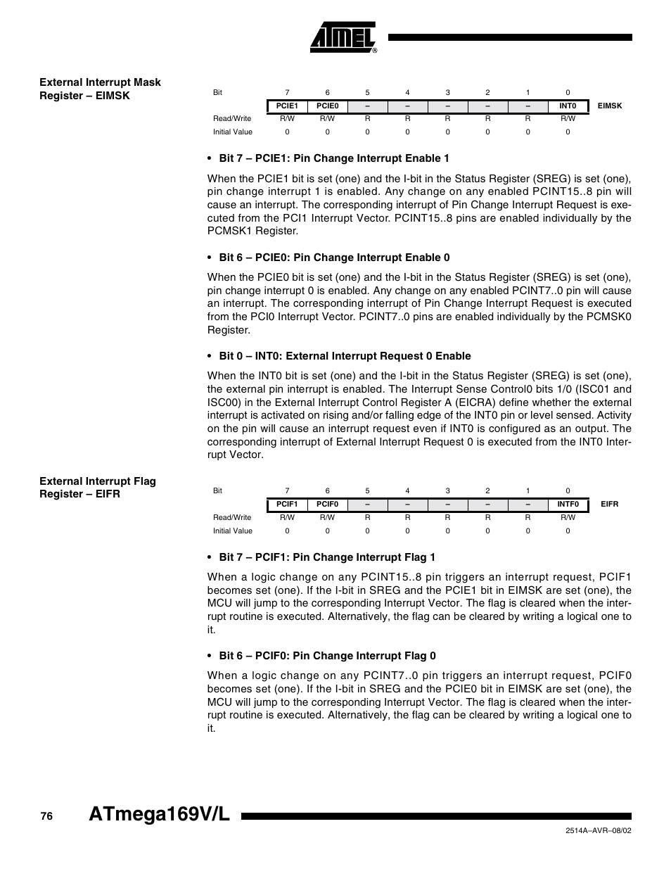 External interrupt mask register – eimsk, External interrupt flag register – eifr, Atmega169v/l | Rainbow Electronics Atmega169L User Manual | Page 76 / 317