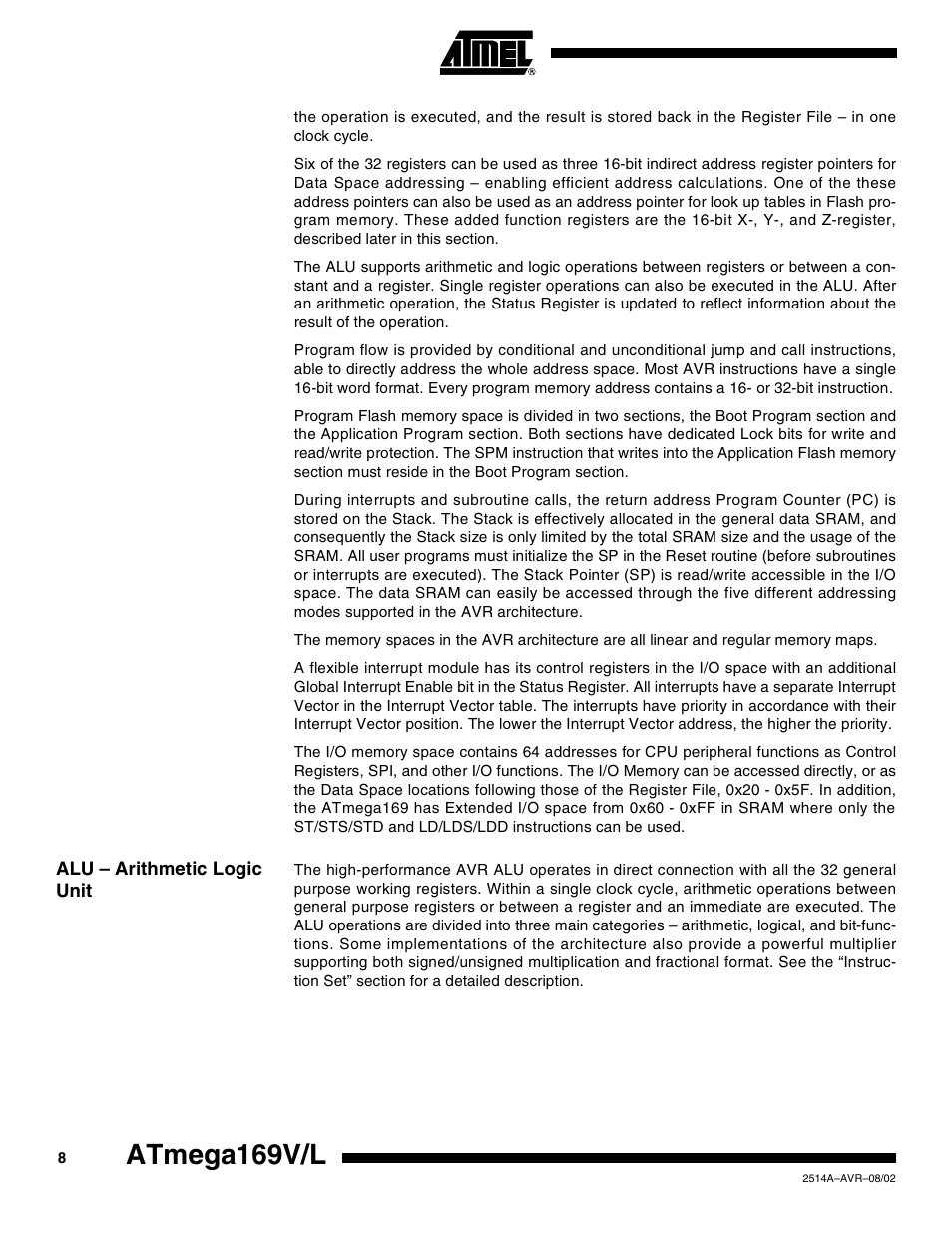 Alu – arithmetic logic unit, Atmega169v/l | Rainbow Electronics Atmega169L User Manual | Page 8 / 317