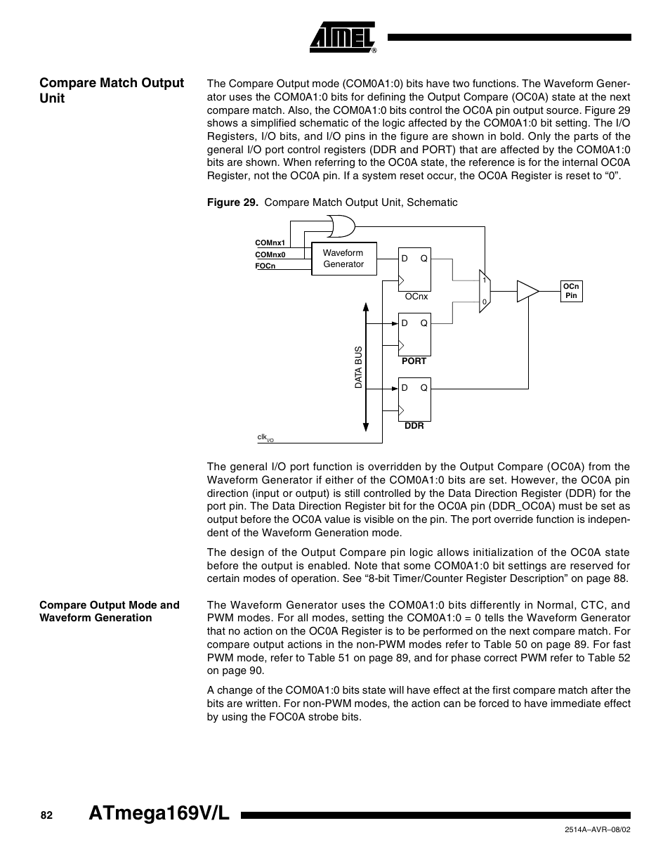 Compare match output unit, Compare output mode and waveform generation, Atmega169v/l | Rainbow Electronics Atmega169L User Manual | Page 82 / 317