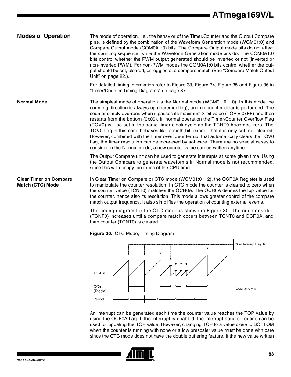Modes of operation, Normal mode, Clear timer on compare match (ctc) mode | Atmega169v/l | Rainbow Electronics Atmega169L User Manual | Page 83 / 317