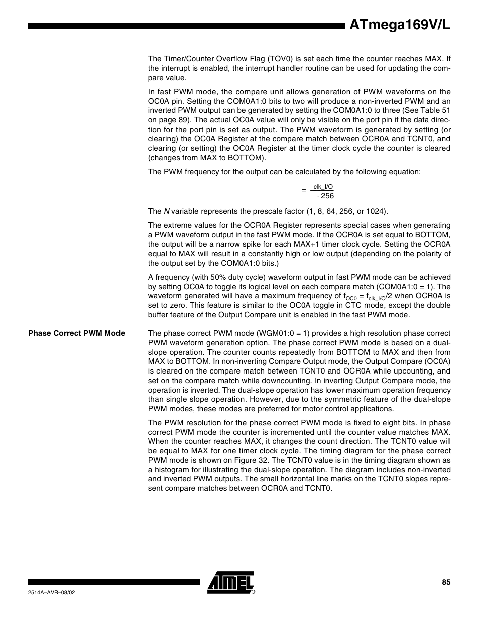 Phase correct pwm mode, Atmega169v/l | Rainbow Electronics Atmega169L User Manual | Page 85 / 317