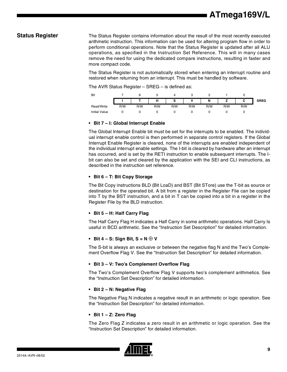 Status register, Atmega169v/l | Rainbow Electronics Atmega169L User Manual | Page 9 / 317