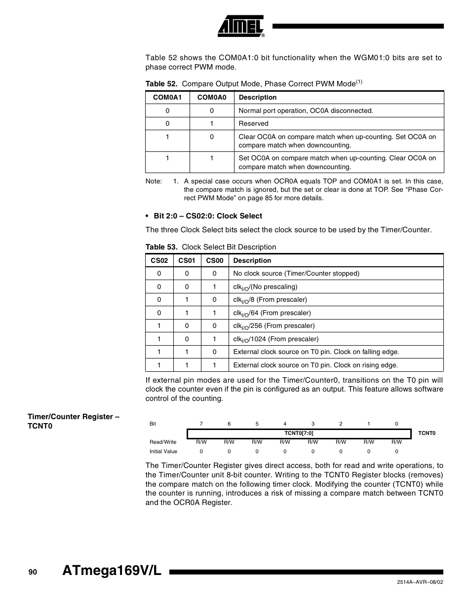 Timer/counter register – tcnt0, Atmega169v/l | Rainbow Electronics Atmega169L User Manual | Page 90 / 317