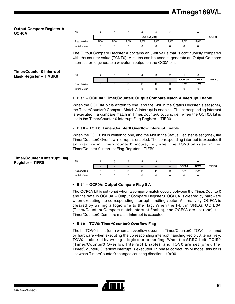 Output compare register a – ocr0a, Timer/counter 0 interrupt mask register – timsk0, Timer/counter 0 interrupt flag register – tifr0 | Atmega169v/l | Rainbow Electronics Atmega169L User Manual | Page 91 / 317