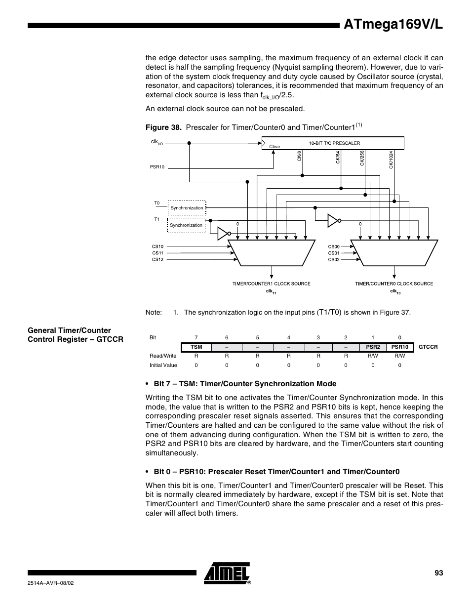 General timer/counter control register – gtccr, Atmega169v/l, T1/t0) | Rainbow Electronics Atmega169L User Manual | Page 93 / 317