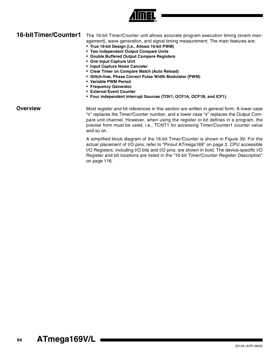 Bit timer/counter1, Overview, Atmega169v/l | Rainbow Electronics Atmega169L User Manual | Page 94 / 317