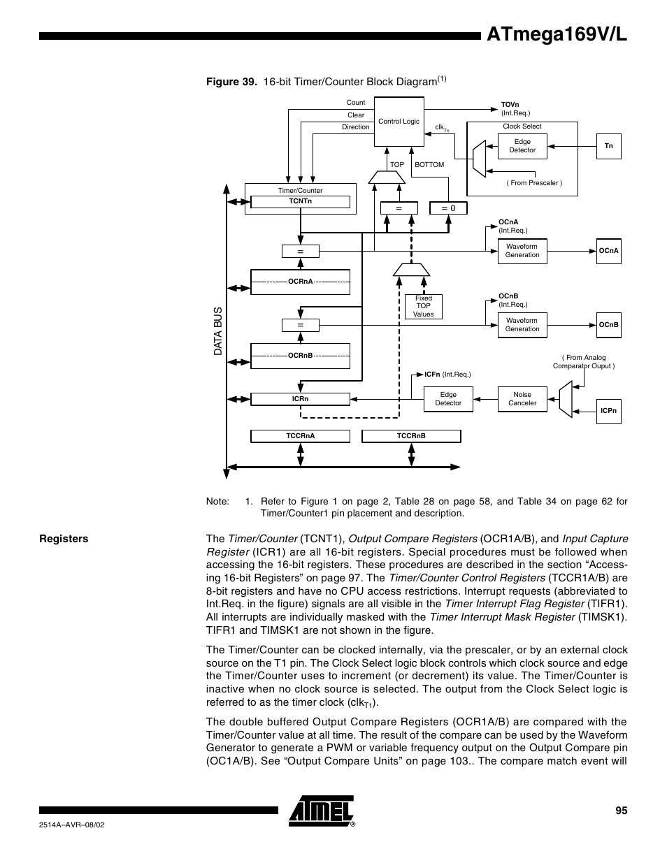 Registers, Atmega169v/l, Figure 39. 16-bit timer/counter block diagr am | Rainbow Electronics Atmega169L User Manual | Page 95 / 317