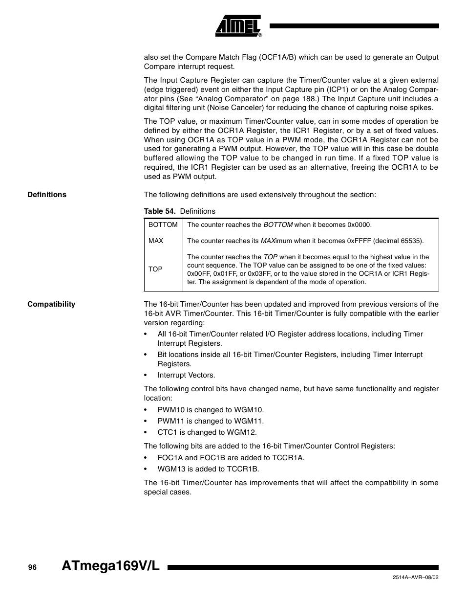 Definitions, Compatibility, Atmega169v/l | Rainbow Electronics Atmega169L User Manual | Page 96 / 317