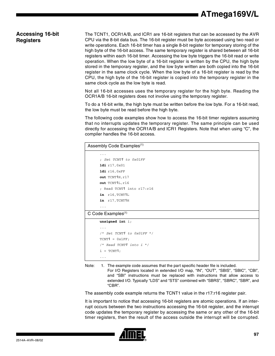 Accessing 16-bit registers, Atmega169v/l | Rainbow Electronics Atmega169L User Manual | Page 97 / 317