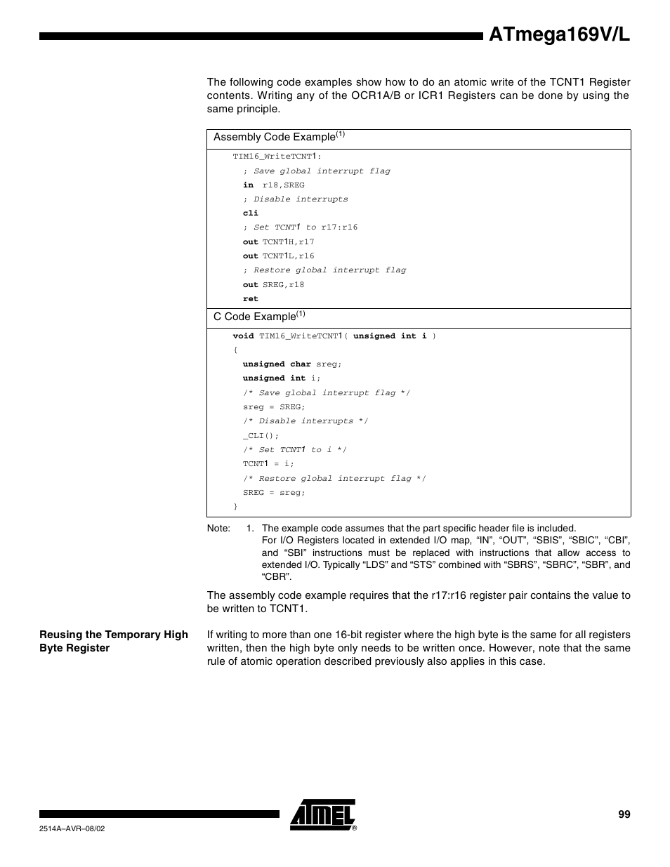 Reusing the temporary high byte register, Atmega169v/l | Rainbow Electronics Atmega169L User Manual | Page 99 / 317