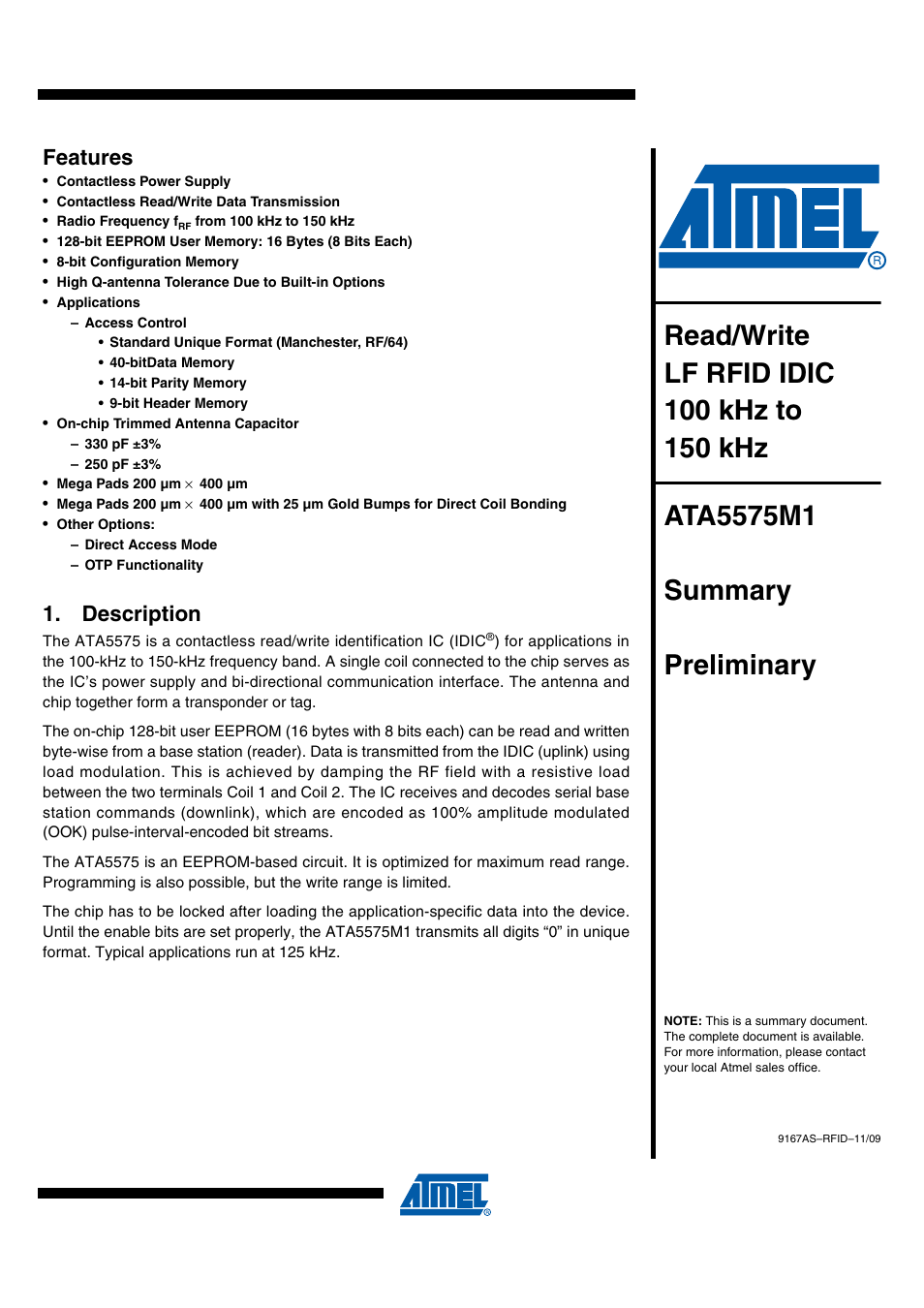 Rainbow Electronics ATA5575M1 User Manual | 7 pages