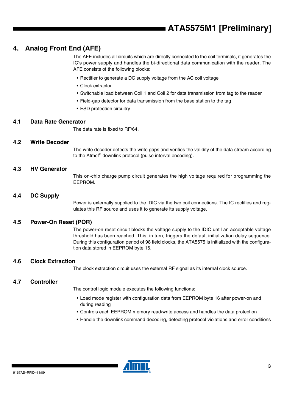 Analog front end (afe), 1 data rate generator, 2 write decoder | 3 hv generator, 4 dc supply, 5 power-on reset (por), 6 clock extraction, 7 controller | Rainbow Electronics ATA5575M1 User Manual | Page 3 / 7