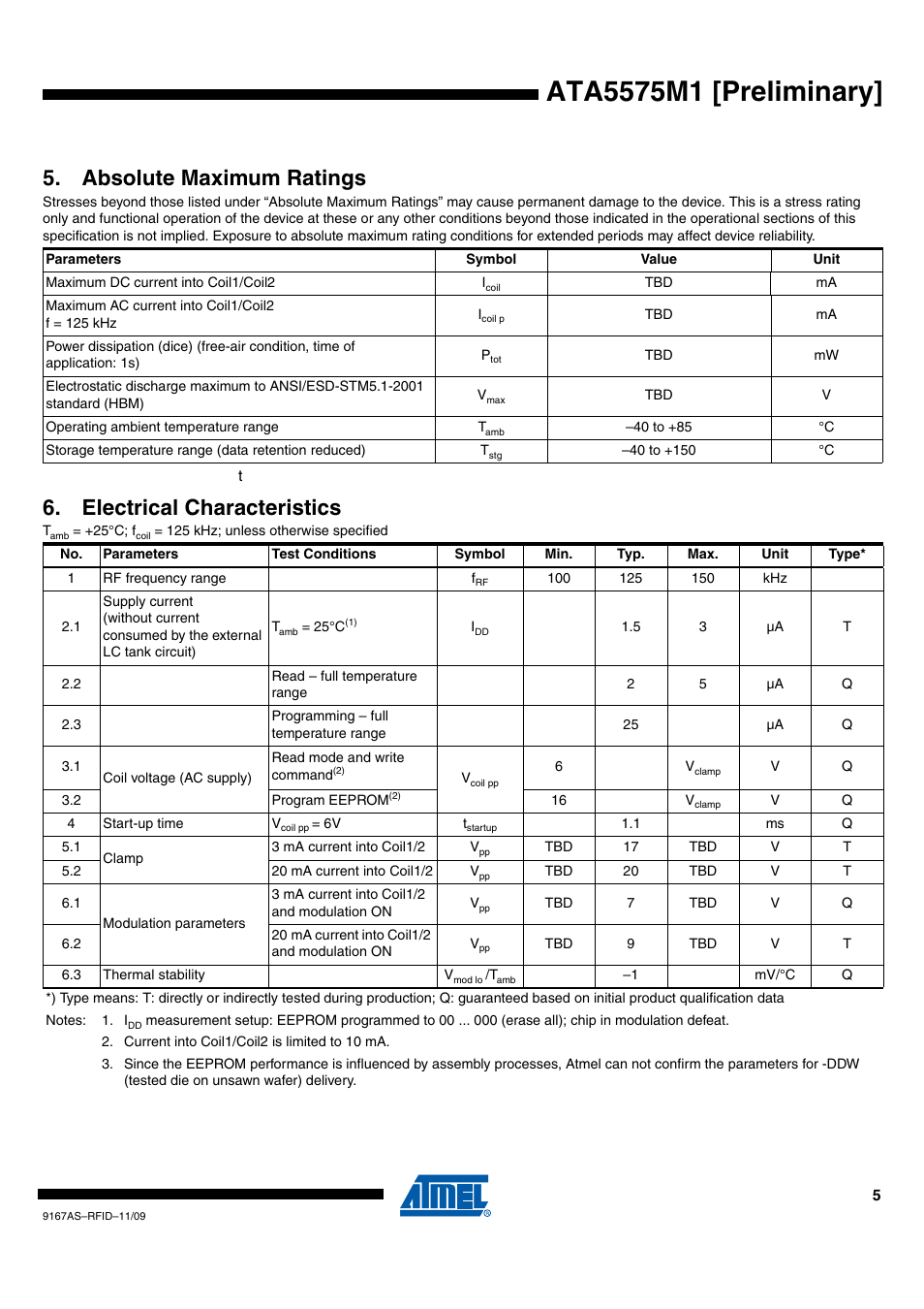 Absolute maximum ratings, Electrical characteristics | Rainbow Electronics ATA5575M1 User Manual | Page 5 / 7