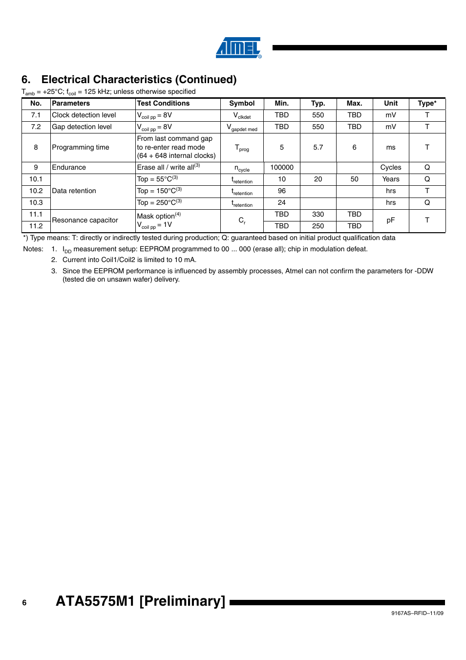 Electrical characteristics (continued) | Rainbow Electronics ATA5575M1 User Manual | Page 6 / 7