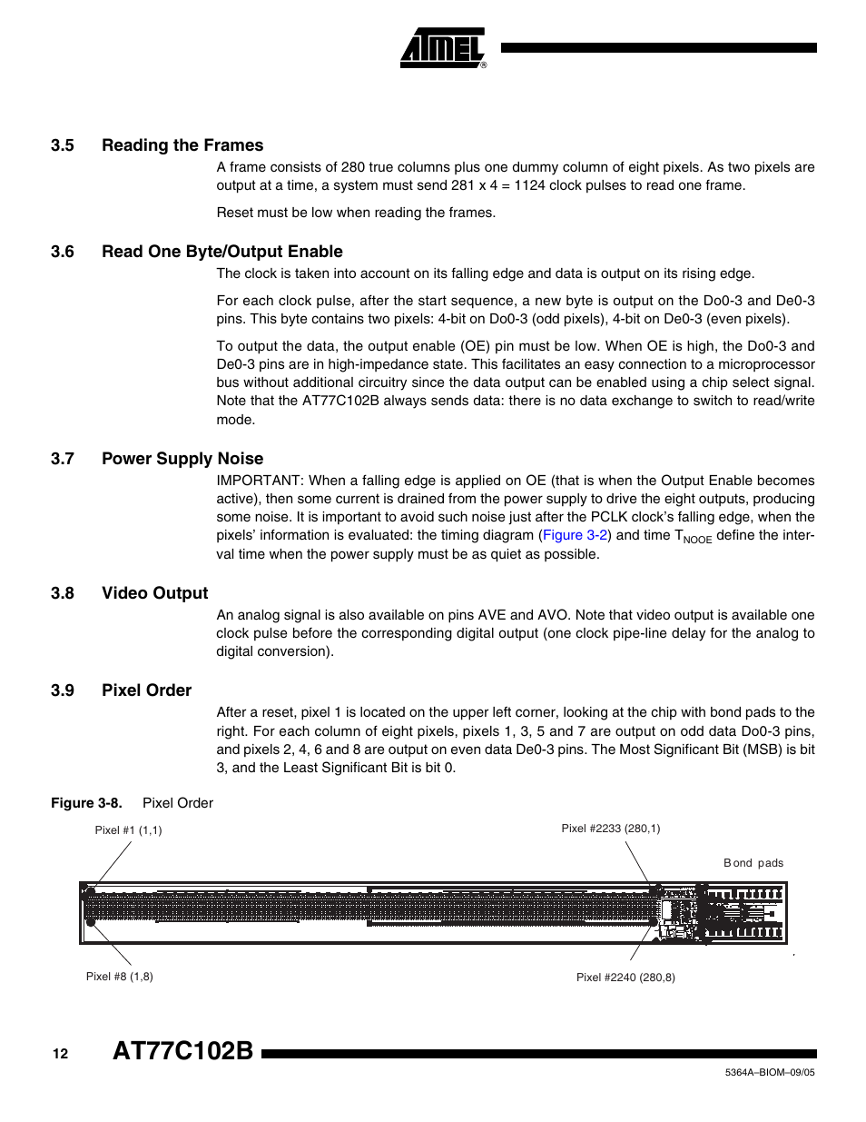 5 reading the frames, 6 read one byte/output enable, 7 power supply noise | 8 video output, 9 pixel order | Rainbow Electronics AT77C102B User Manual | Page 12 / 19