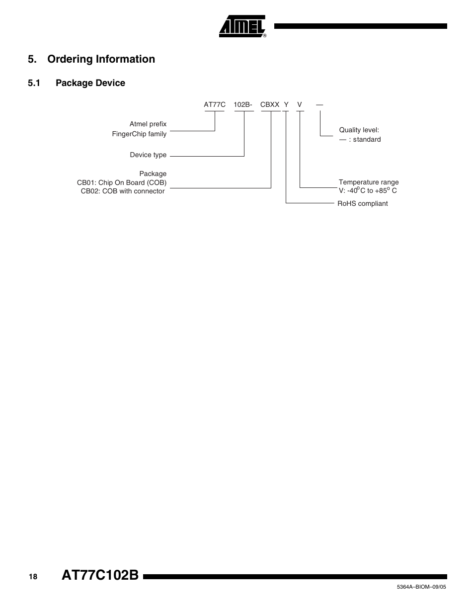 Ordering information, 1 package device | Rainbow Electronics AT77C102B User Manual | Page 18 / 19