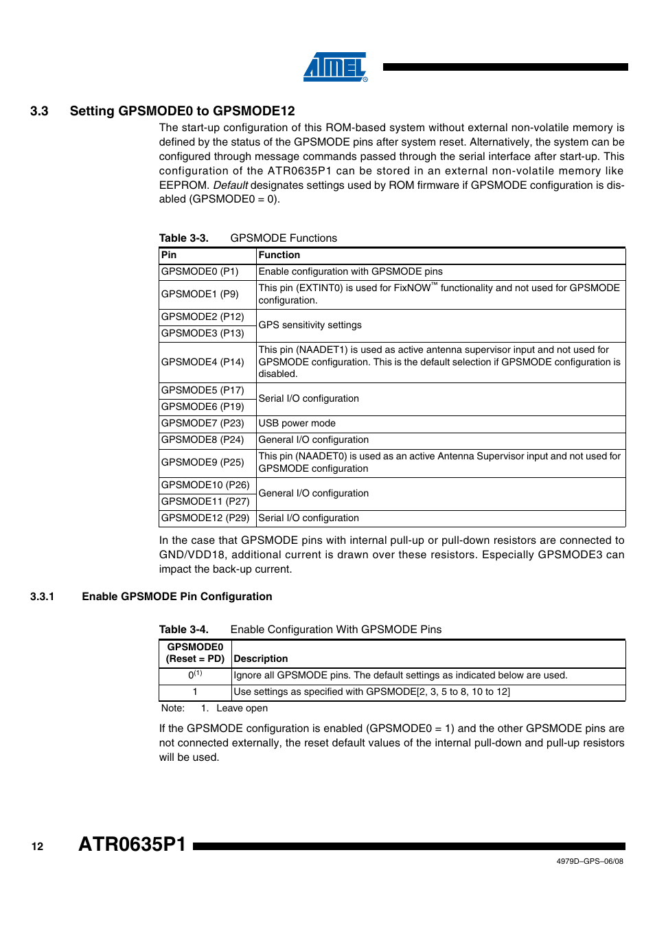 3 setting gpsmode0 to gpsmode12, 1 enable gpsmode pin configuration | Rainbow Electronics ATR0635P1 User Manual | Page 12 / 35