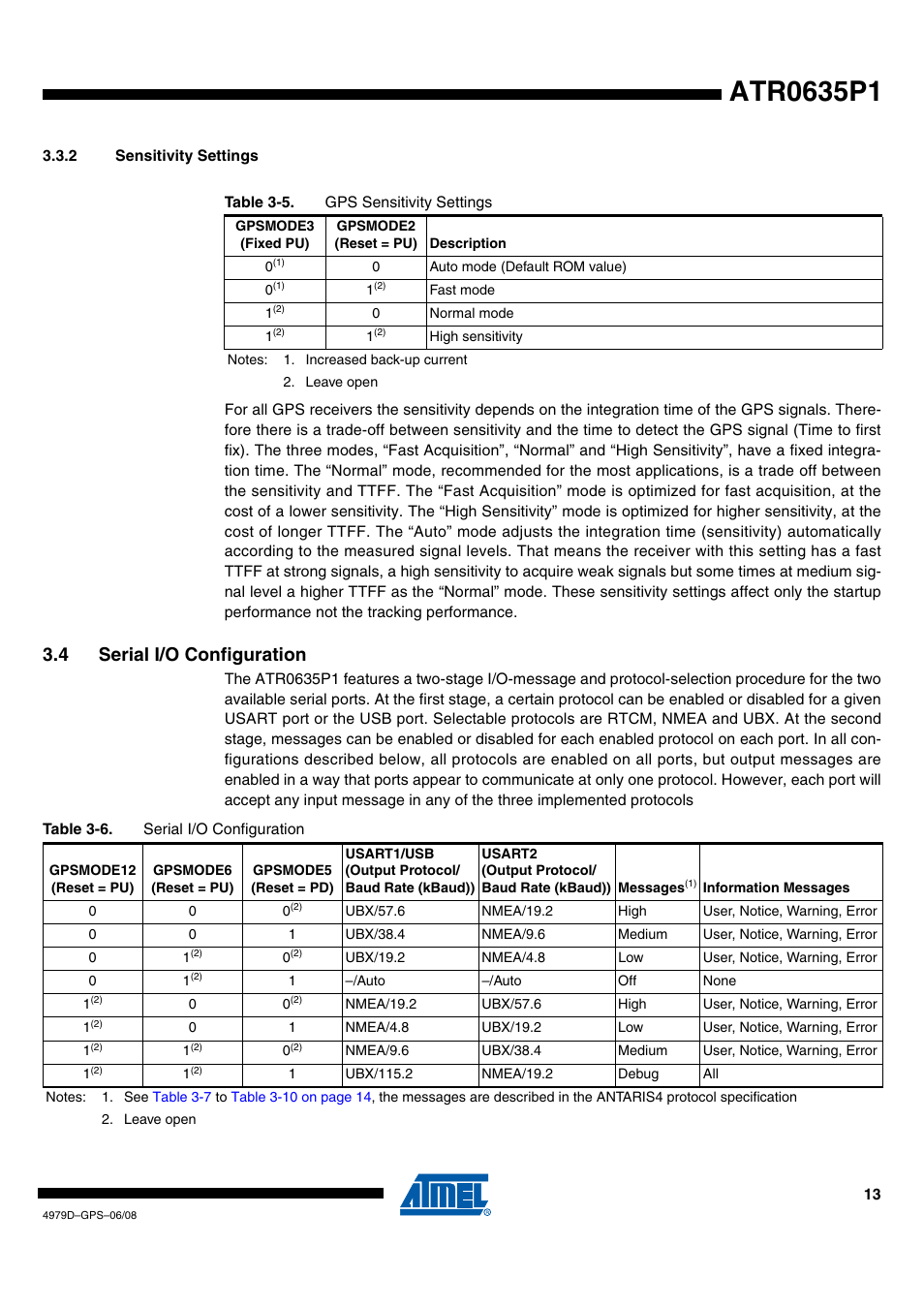 2 sensitivity settings, 4 serial i/o configuration | Rainbow Electronics ATR0635P1 User Manual | Page 13 / 35