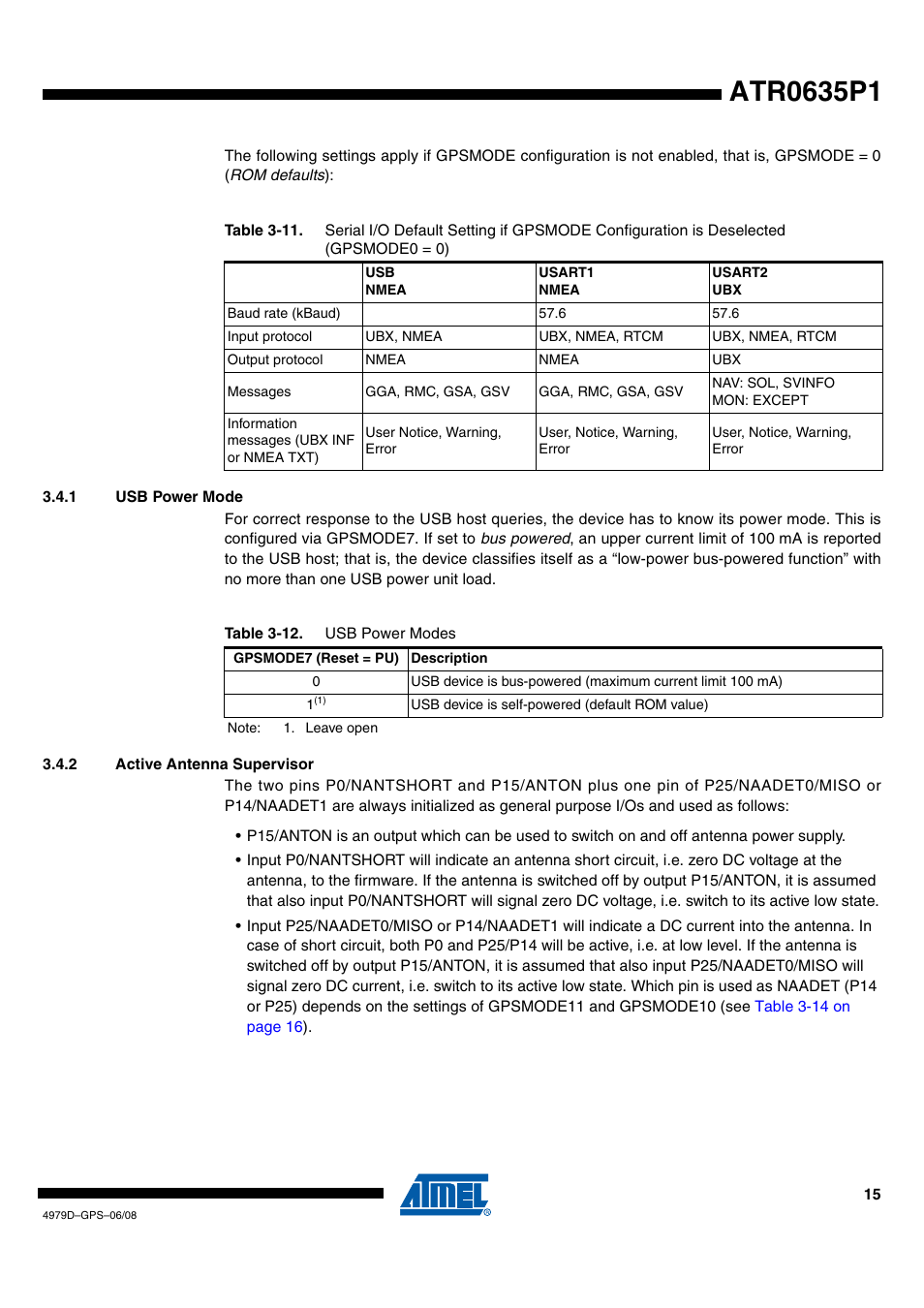 1 usb power mode, 2 active antenna supervisor | Rainbow Electronics ATR0635P1 User Manual | Page 15 / 35