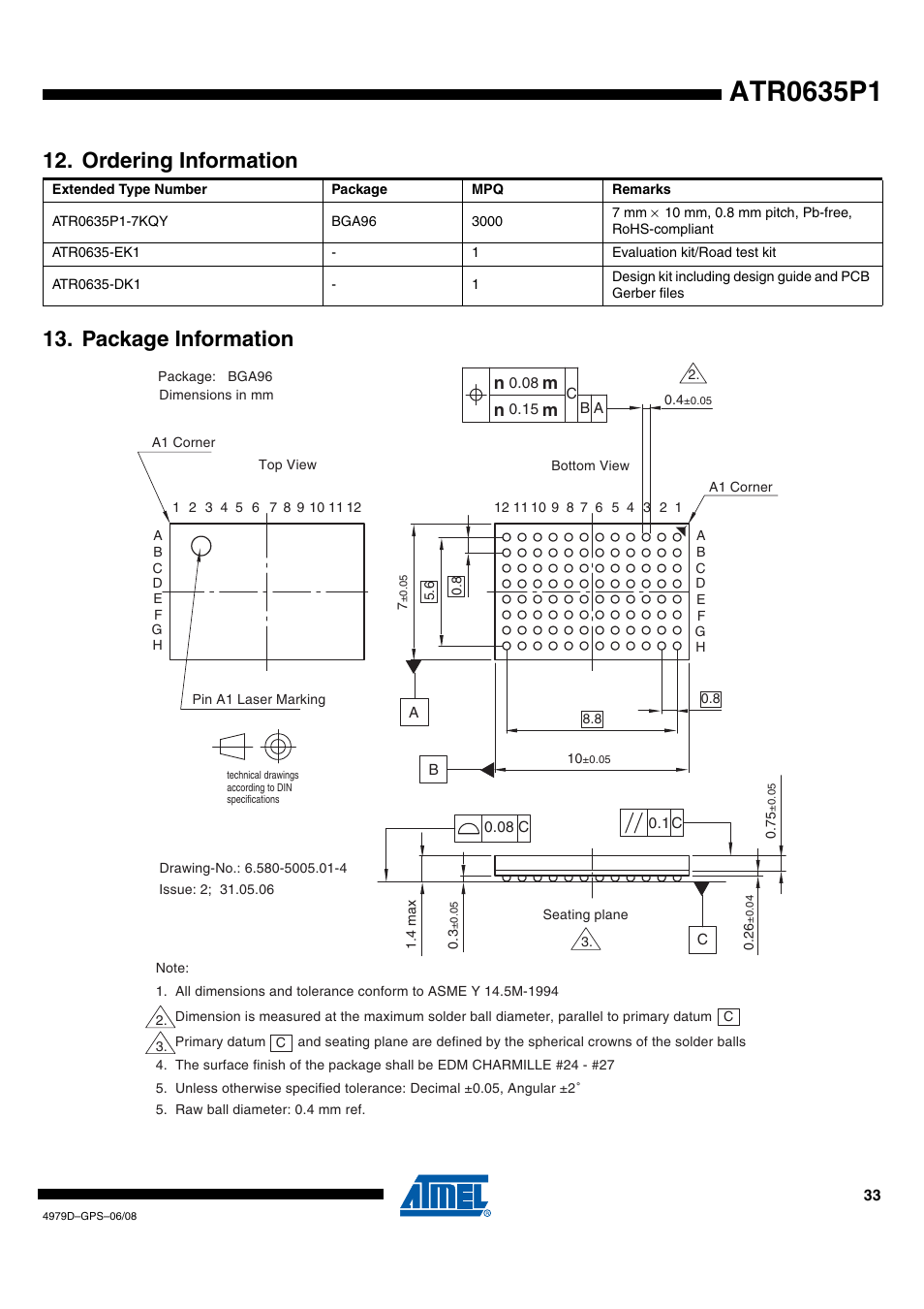 Ordering information, Package information, Package information 12. ordering information | Nm n m | Rainbow Electronics ATR0635P1 User Manual | Page 33 / 35