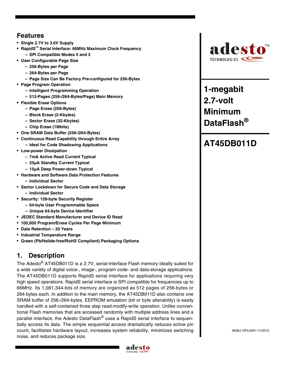Rainbow Electronics AT45DB011D User Manual | 51 pages