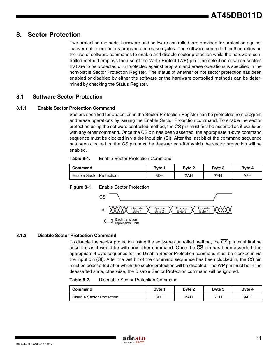 Sector protection, 1 software sector protection, 1 enable sector protection command | 2 disable sector protection command | Rainbow Electronics AT45DB011D User Manual | Page 11 / 51