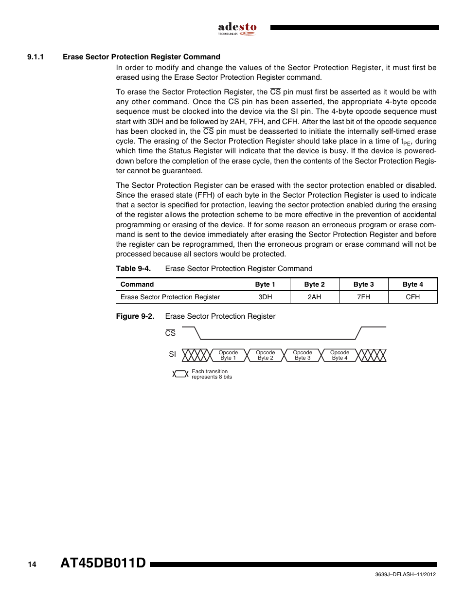 1 erase sector protection register command | Rainbow Electronics AT45DB011D User Manual | Page 14 / 51