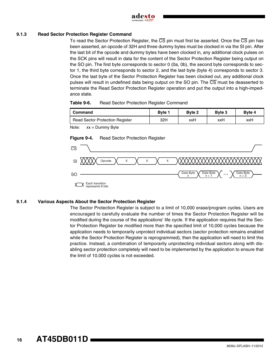 3 read sector protection register command | Rainbow Electronics AT45DB011D User Manual | Page 16 / 51