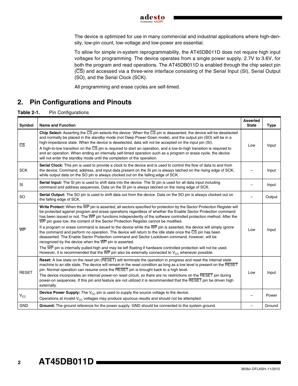 Pin configurations and pinouts | Rainbow Electronics AT45DB011D User Manual | Page 2 / 51