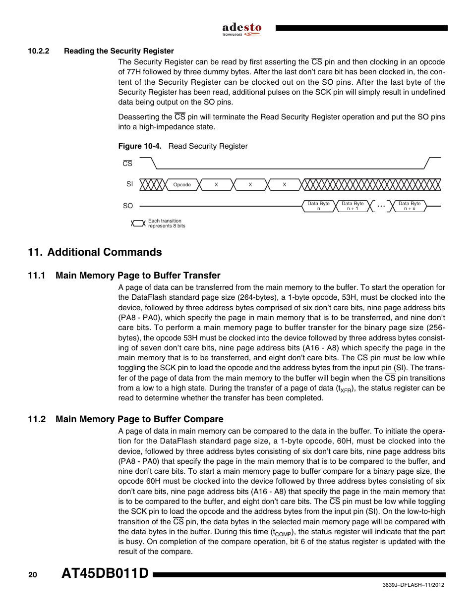 2 reading the security register, Additional commands | Rainbow Electronics AT45DB011D User Manual | Page 20 / 51
