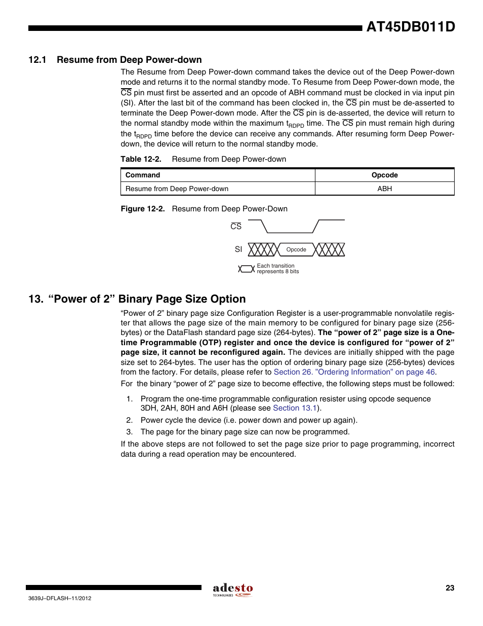 1 resume from deep power-down, “power of 2” binary page size option | Rainbow Electronics AT45DB011D User Manual | Page 23 / 51