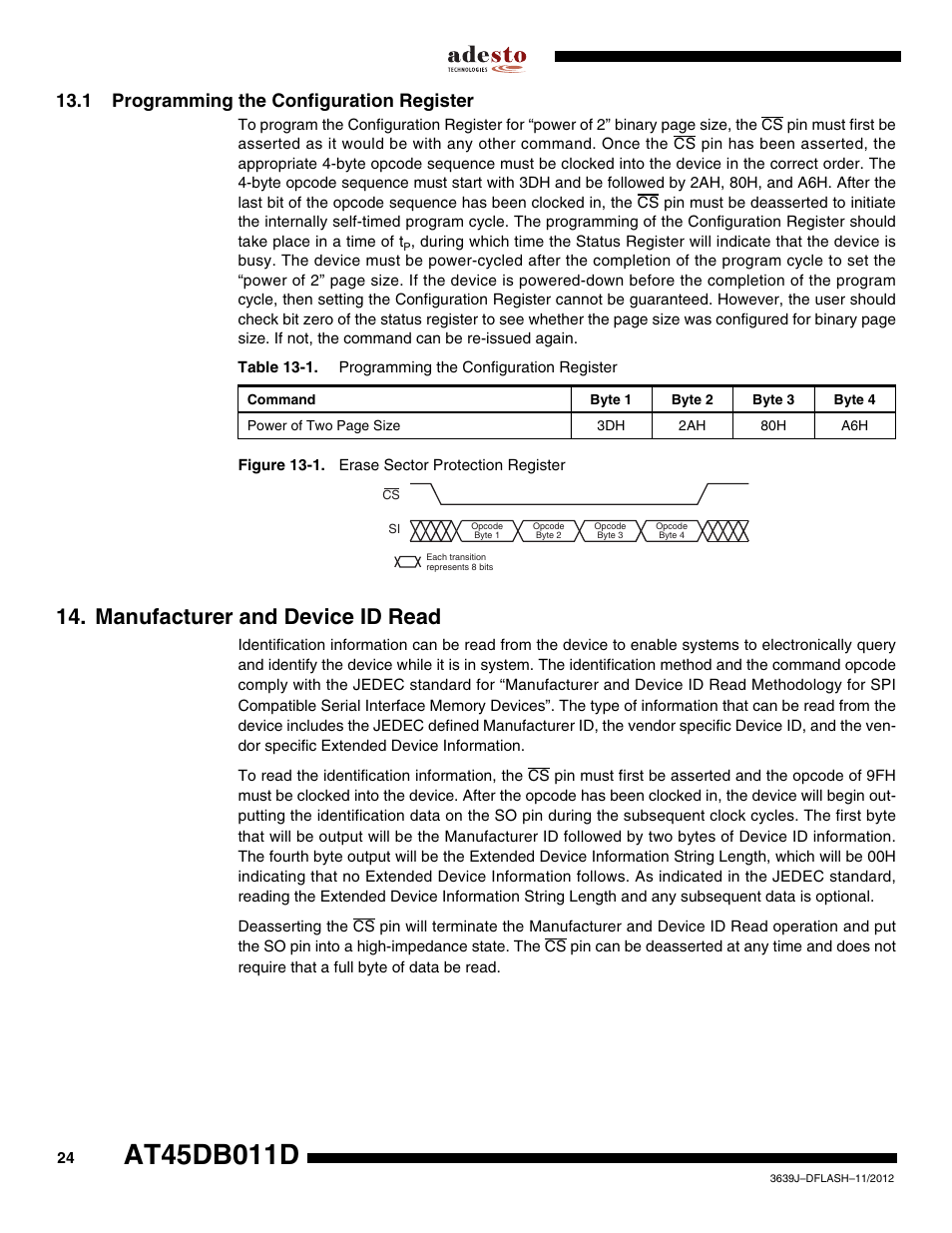 1 programming the configuration register, Manufacturer and device id read, Section 13.1 | Rainbow Electronics AT45DB011D User Manual | Page 24 / 51