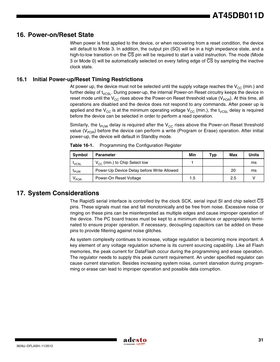 Power-on/reset state, 1 initial power-up/reset timing restrictions, System considerations | Rainbow Electronics AT45DB011D User Manual | Page 31 / 51