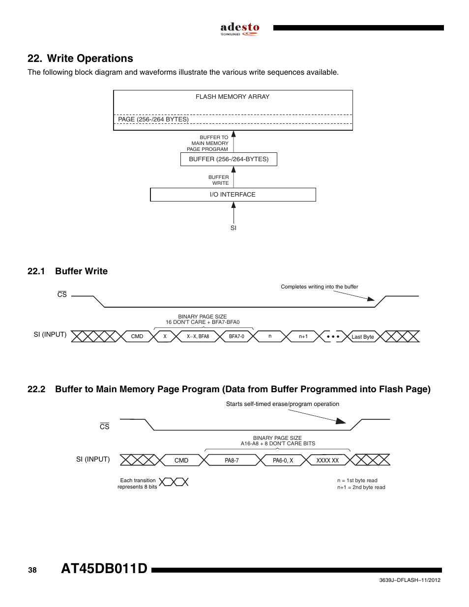 Write operations, 1 buffer write | Rainbow Electronics AT45DB011D User Manual | Page 38 / 51