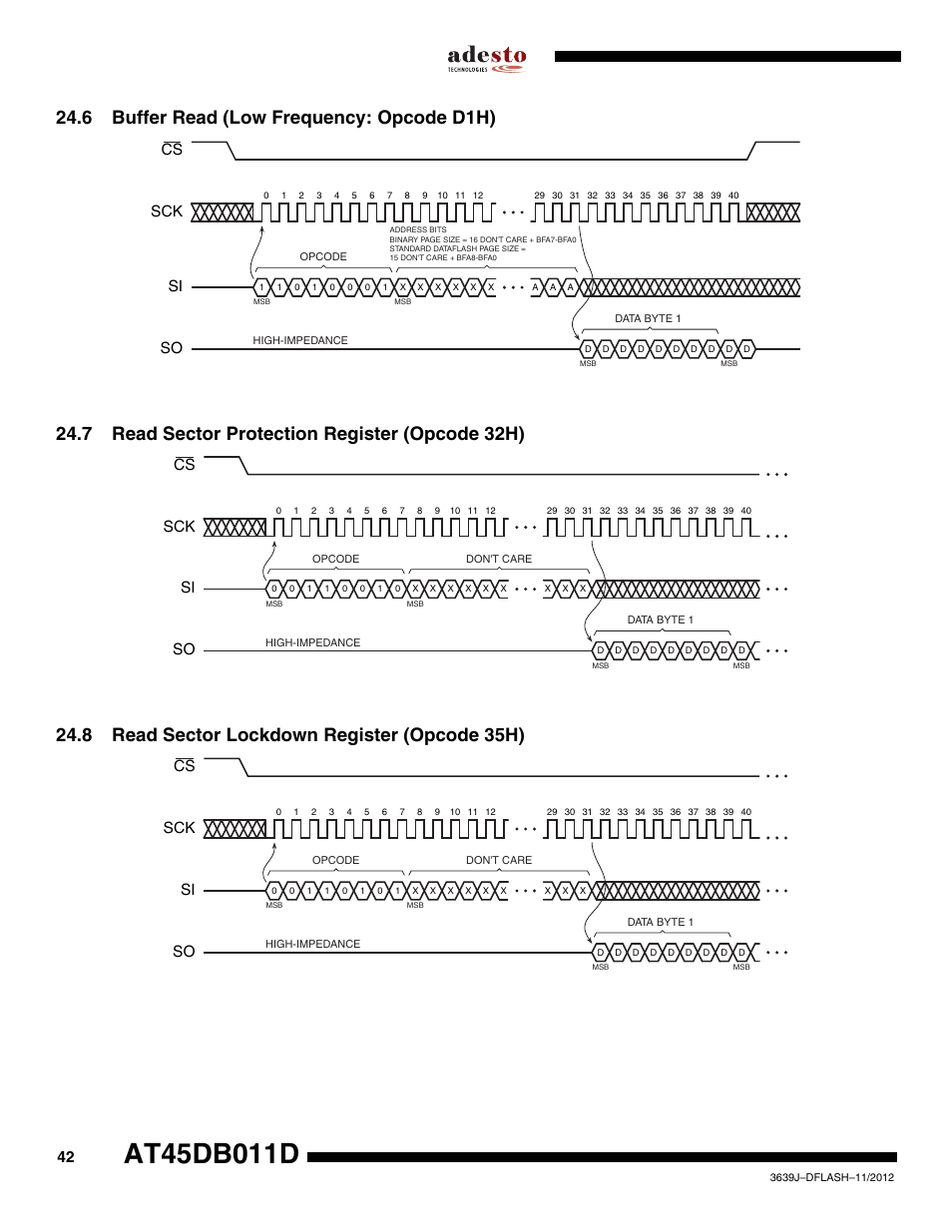 6 buffer read (low frequency: opcode d1h), 7 read sector protection register (opcode 32h), 8 read sector lockdown register (opcode 35h) | Sck cs si so | Rainbow Electronics AT45DB011D User Manual | Page 42 / 51