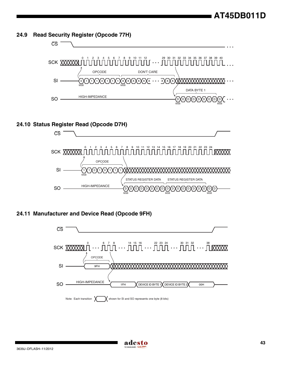 9 read security register (opcode 77h), 10 status register read (opcode d7h), 11 manufacturer and device read (opcode 9fh) | Sck cs si so | Rainbow Electronics AT45DB011D User Manual | Page 43 / 51