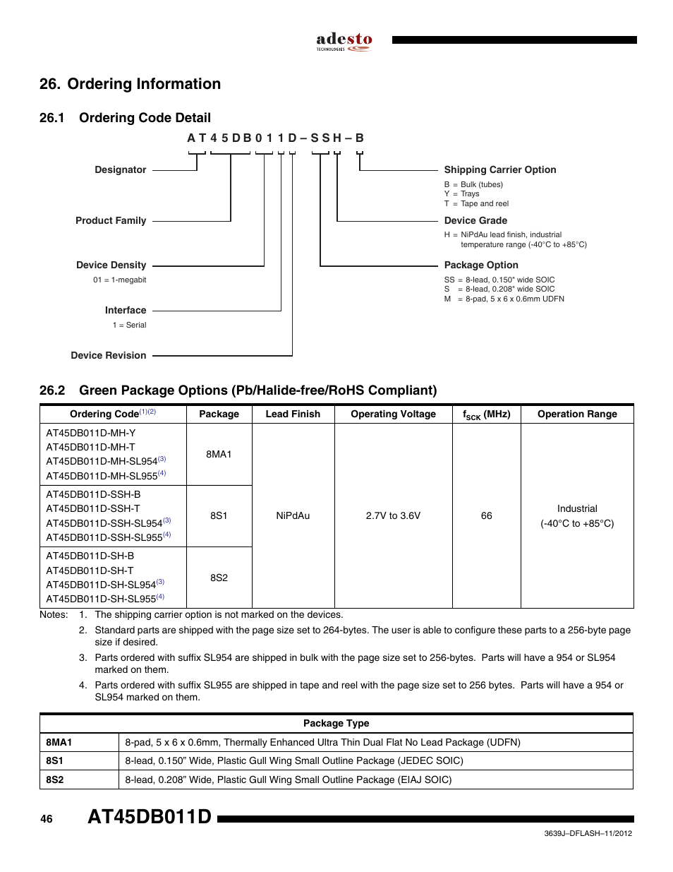 Ordering information, 1 ordering code detail | Rainbow Electronics AT45DB011D User Manual | Page 46 / 51