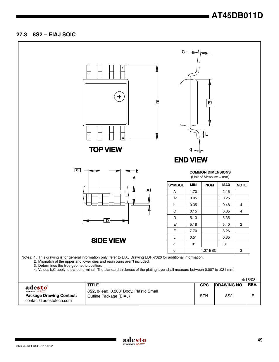 3 8s2 – eiaj soic, Top view, End view | Side view | Rainbow Electronics AT45DB011D User Manual | Page 49 / 51