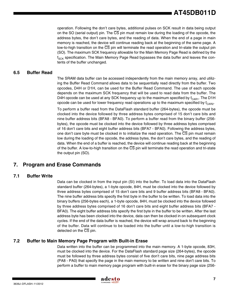 5 buffer read, Program and erase commands, 1 buffer write | Rainbow Electronics AT45DB011D User Manual | Page 7 / 51